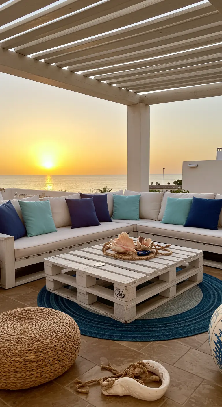 Terraza con vistas al mar y un gran sofá esquinero hecho de palets blancos con cojines azules.