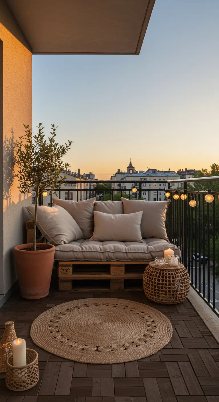 Sofá de palets DIY en un balcón con cojines beige, un olivo y luces cálidas al atardecer.