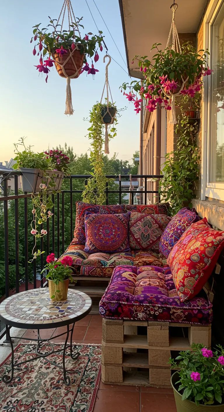 Balcón bohemio con sofá de palets, cojines coloridos y plantas colgantes de macramé.