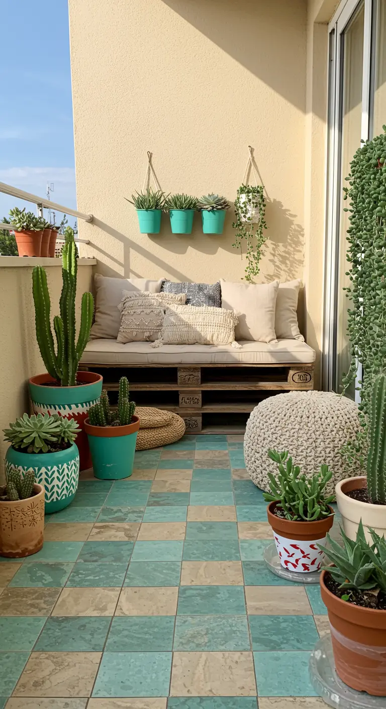 Balcón bohemio con un sofá de palets, cojines de macramé y una colección de cactus y suculentas.