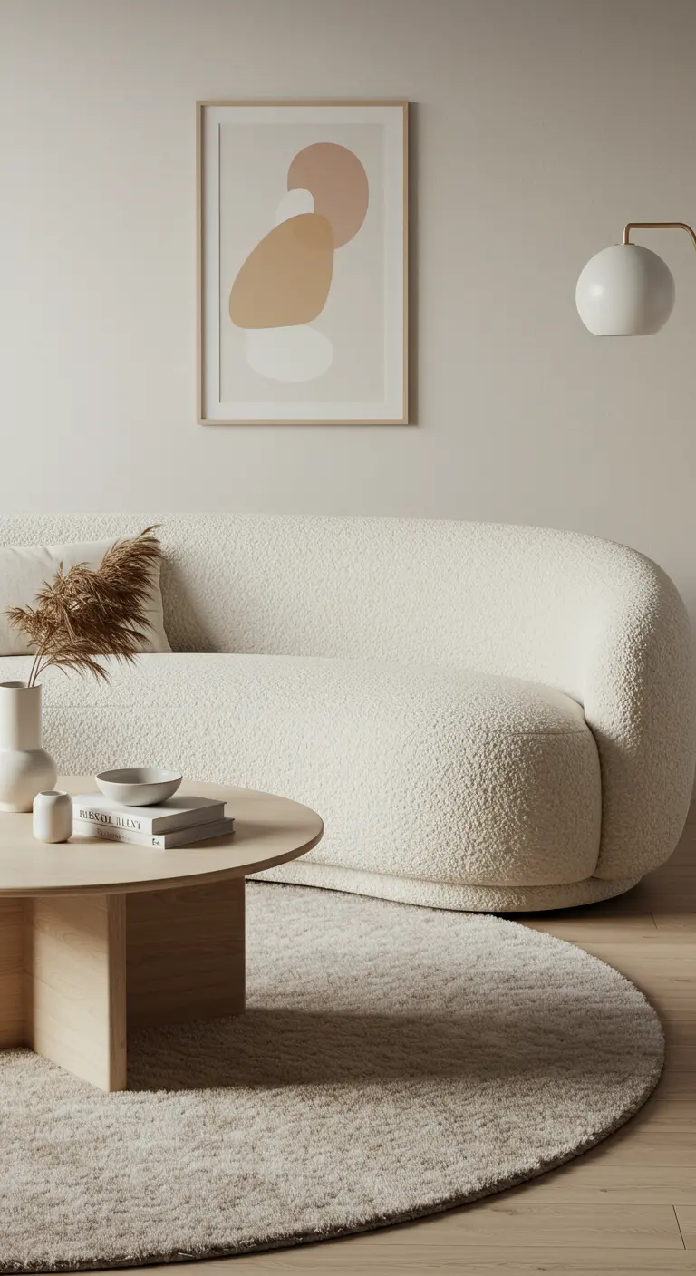 Sofá curvo de bouclé blanco con mesa de centro redonda de madera y alfombra circular