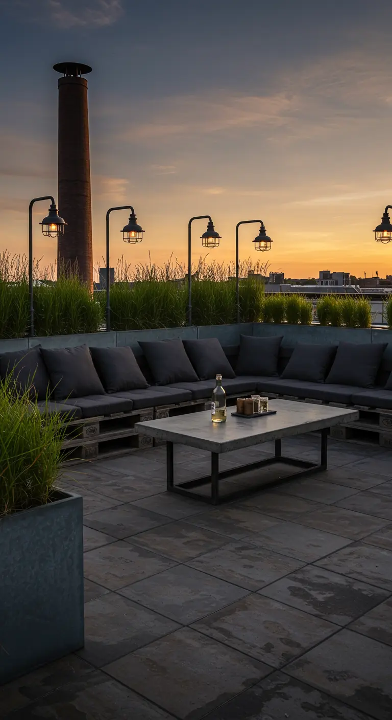 Terraza industrial con sofás de palets grises y una mesa de centro de cemento al atardecer.