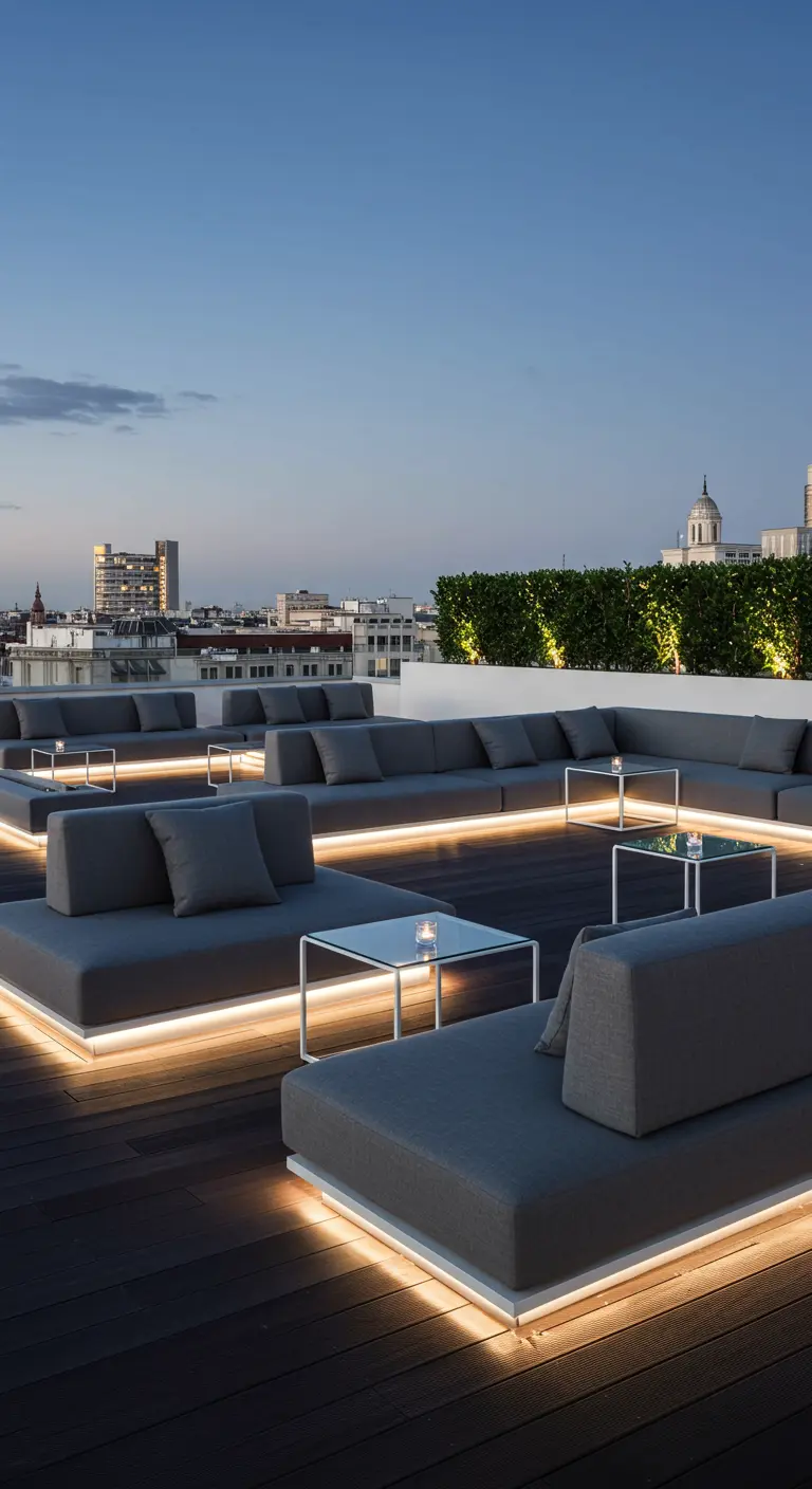 Salón en una azotea con sofás modulares grises cuya base está iluminada con una tira de luz LED cálida.