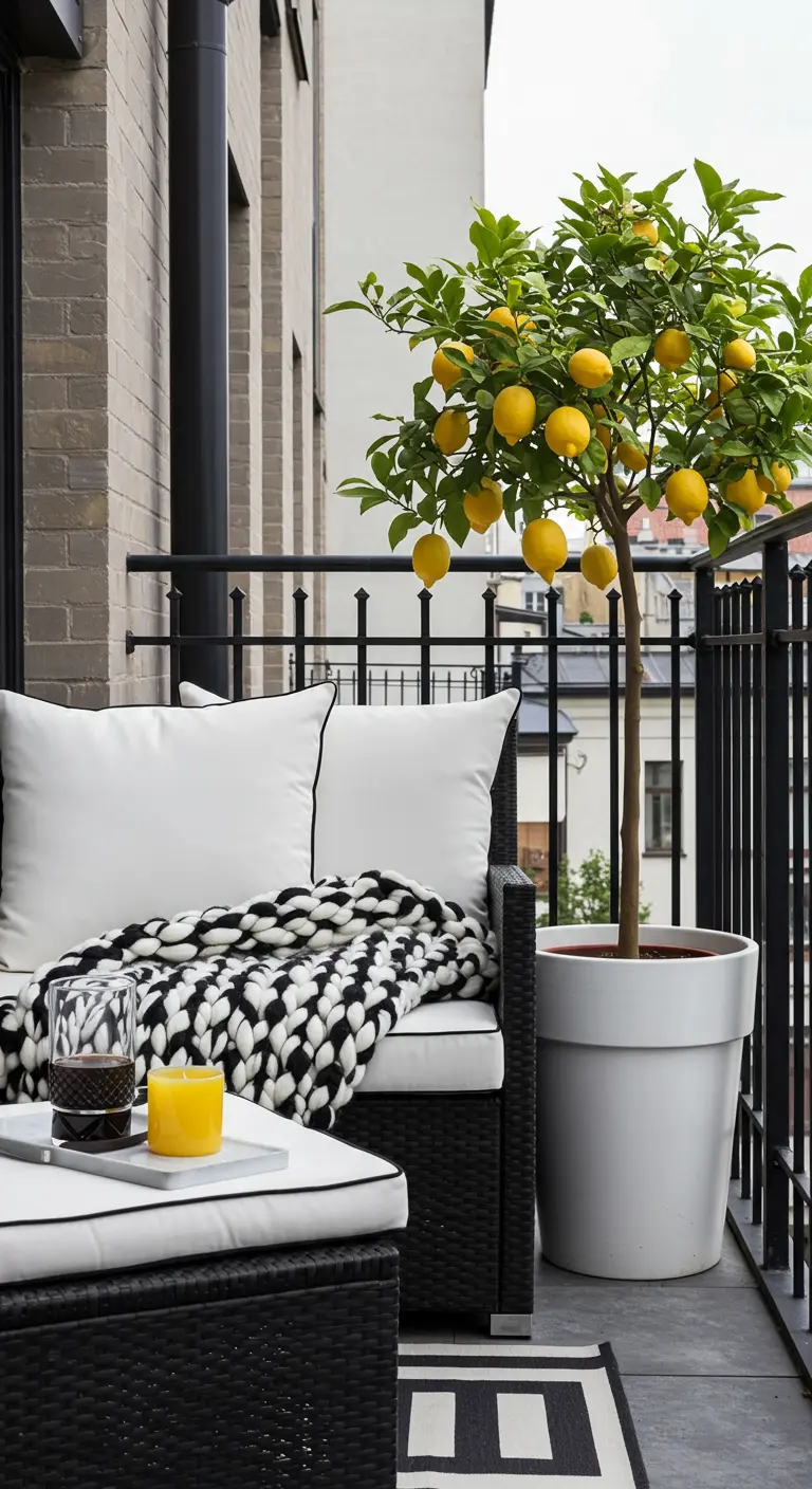 Balcón moderno con muebles negros, cojines blancos y un limonero en una maceta.