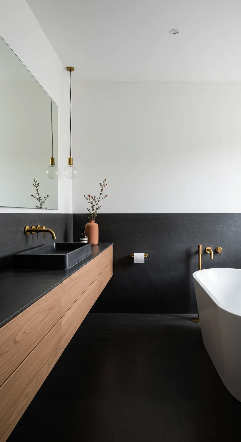 Baño moderno con pared mitad blanca y mitad negra, grifería dorada y mueble de madera.