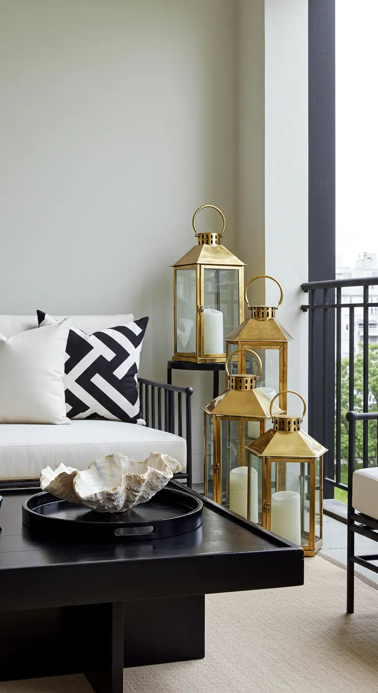 Balcón moderno con muebles negros, cojines blancos y un grupo de faroles dorados.