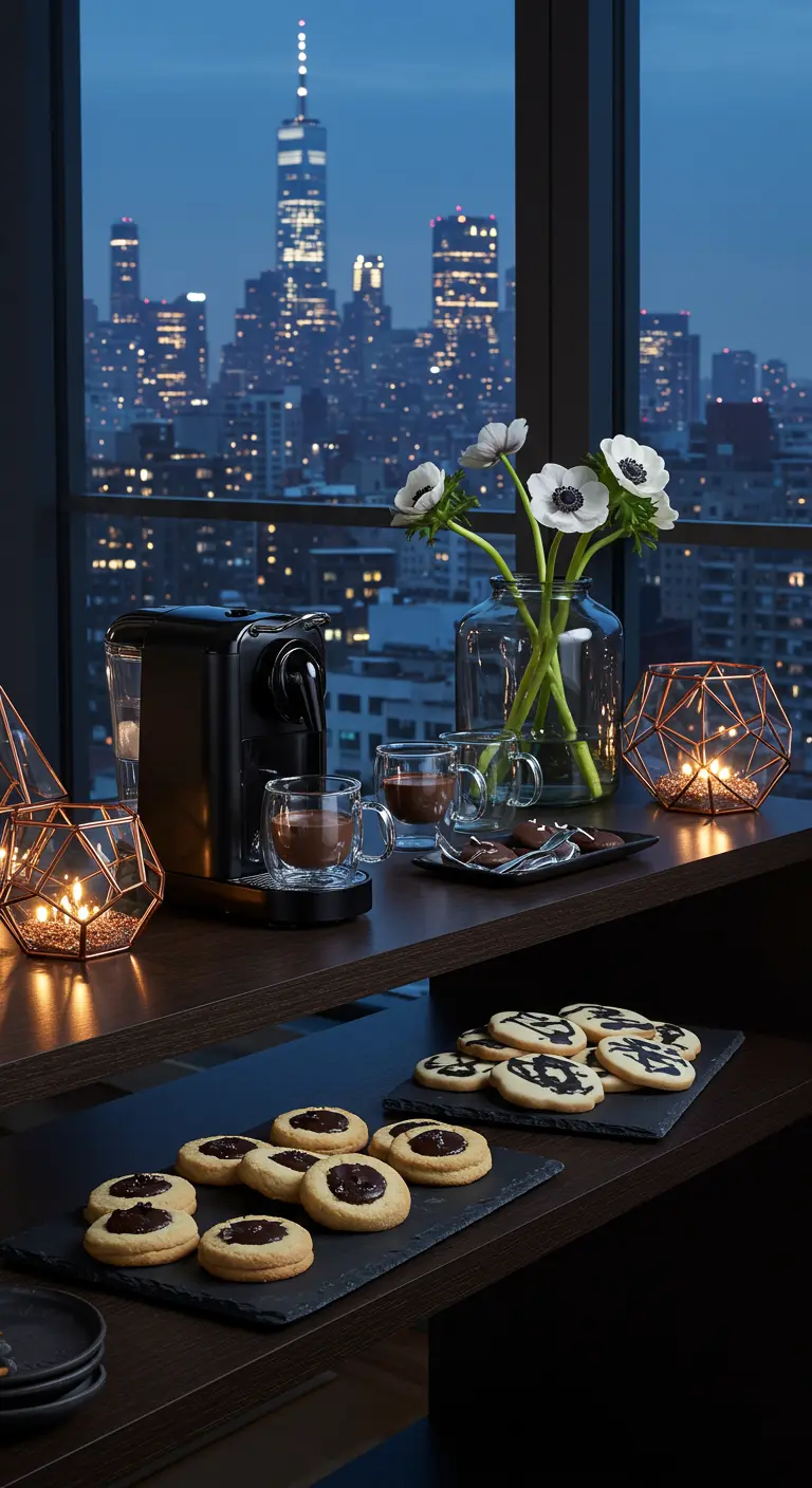 Barra de chocolate caliente y galletas en un apartamento con vistas nocturnas a la ciudad.