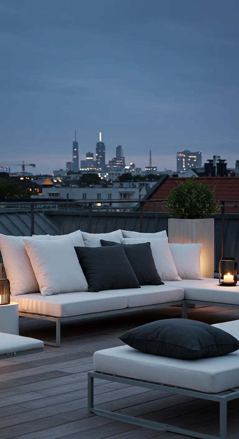Terraza urbana moderna al atardecer con un sofá blanco y cojines grises y negros.