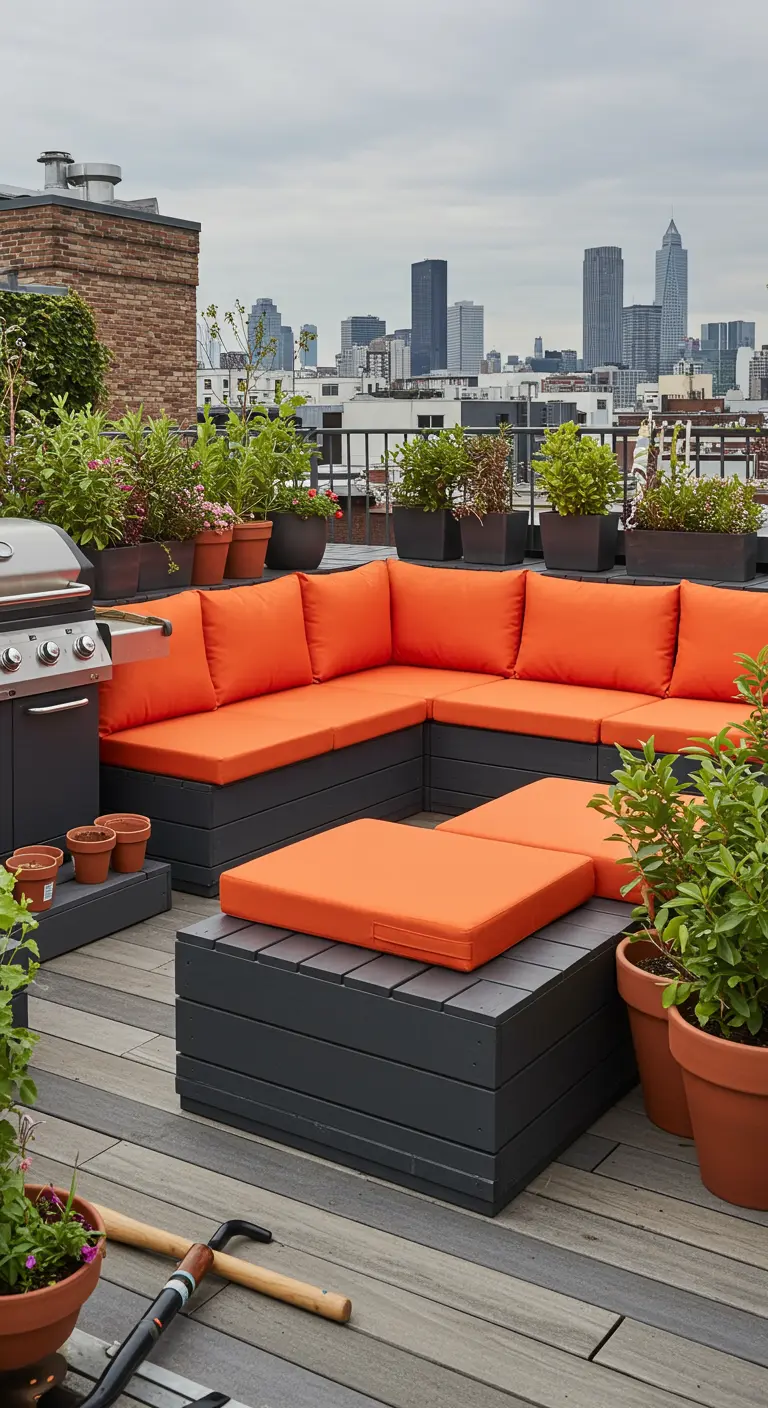 Sofá modular gris oscuro con cojines naranjas en una azotea con vistas a la ciudad.