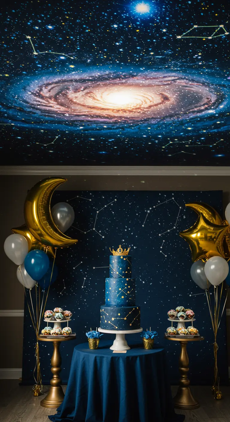 Mesa de tarta con temática de galaxia, globos de luna y fondo estrellado.