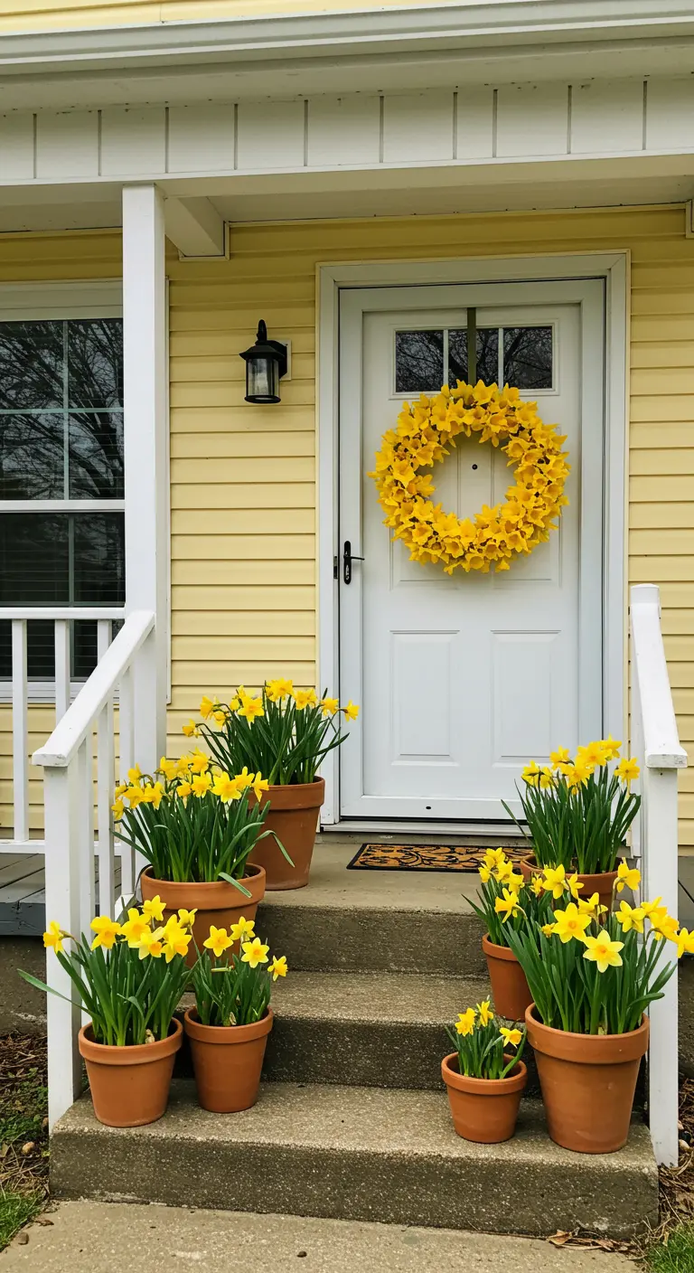 Escalones de entrada repletos de narcisos amarillos en macetas de terracota y una corona a juego