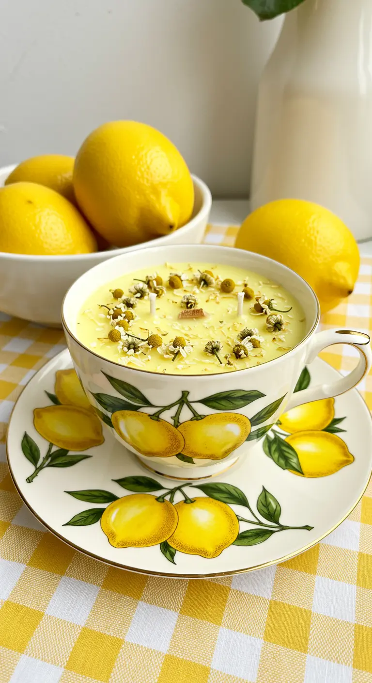 Vela amarilla en una taza con estampado de limones, decorada con flores de manzanilla