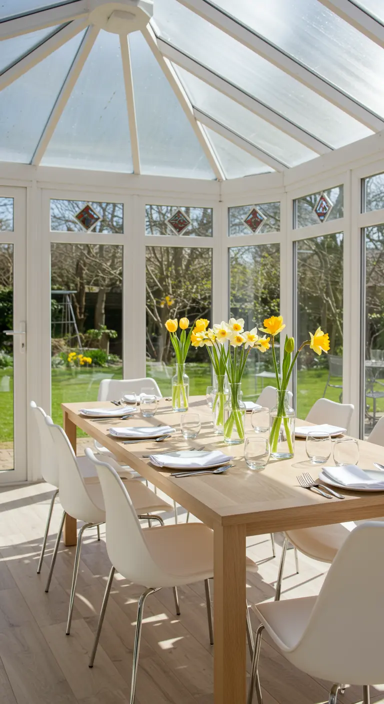 Comedor luminoso en un invernadero con narcisos amarillos en jarrones de cristal.