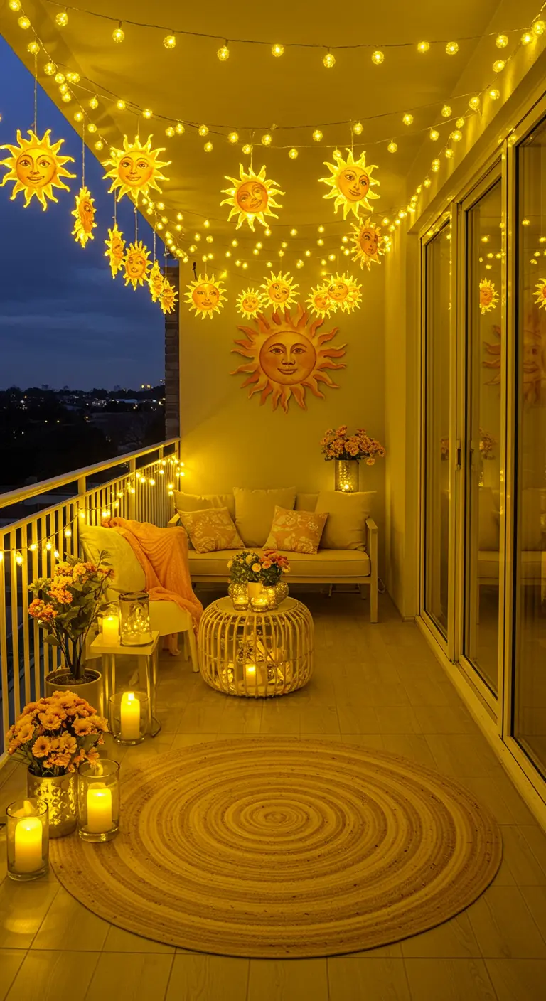 Balcón acogedor decorado con guirnaldas de luz cálida y adornos en forma de sol