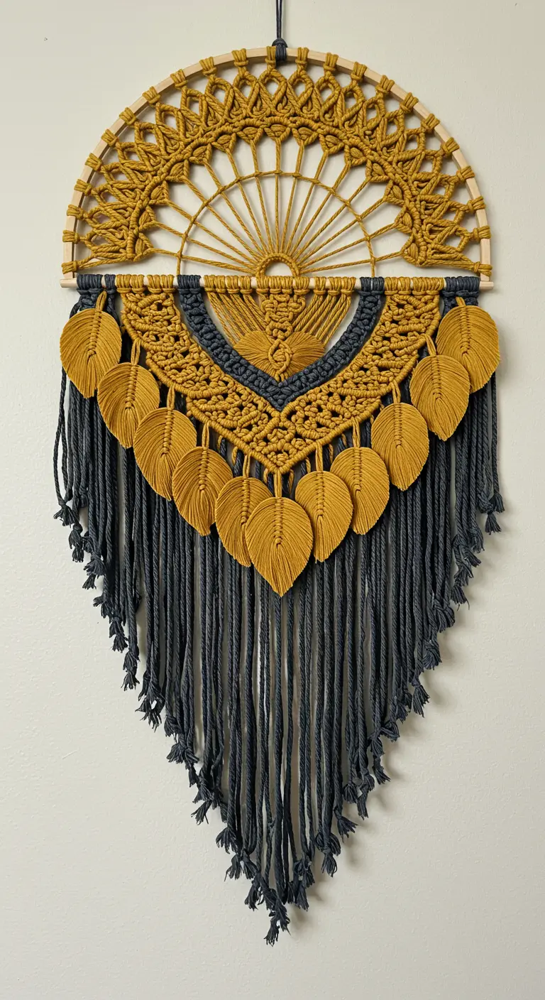 Tapiz de macramé en forma de abanico con colores mostaza y gris oscuro