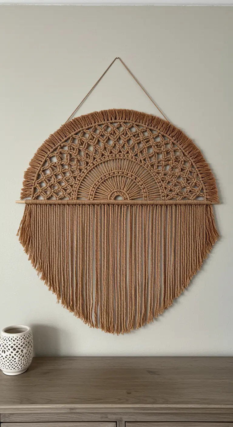 Tapiz de macramé semicircular en color tabaco, con una mitad tejida y la otra de flecos largos.