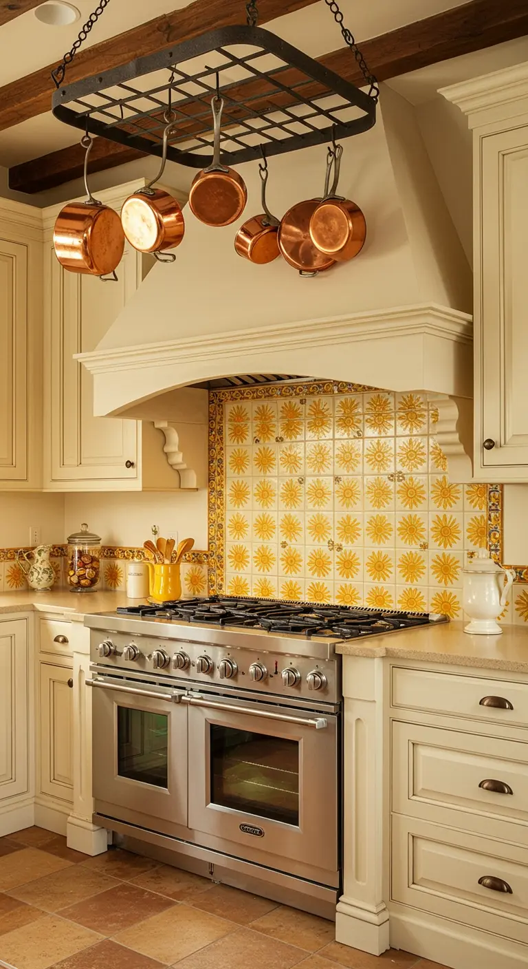 Zona de cocción con salpicadero de azulejos amarillos con soles y ollas de cobre colgando.