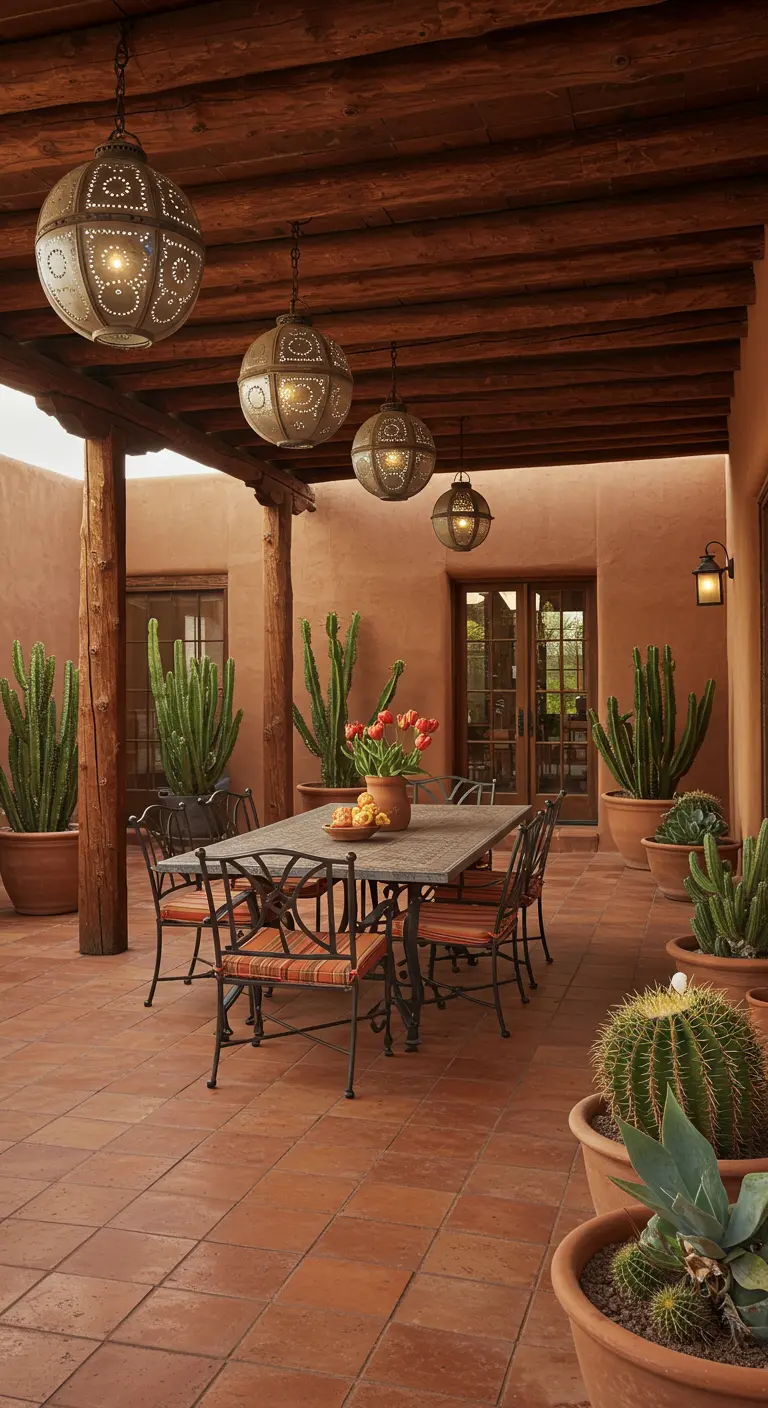 Patio de estilo suroeste con paredes de terracota, faroles colgantes esféricos y grandes cactus.