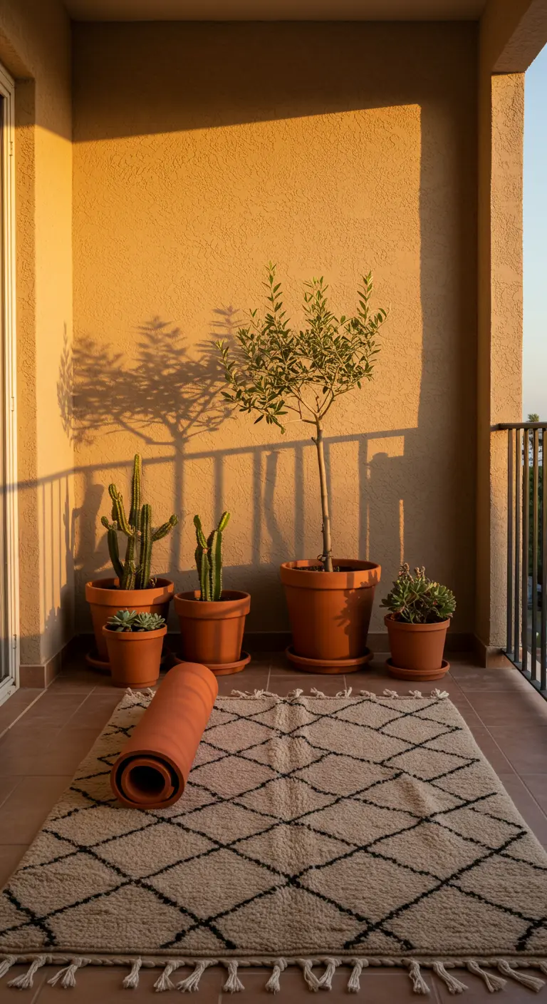 Balcón con pared ocre, alfombra bereber y una colección de cactus en macetas de barro.
