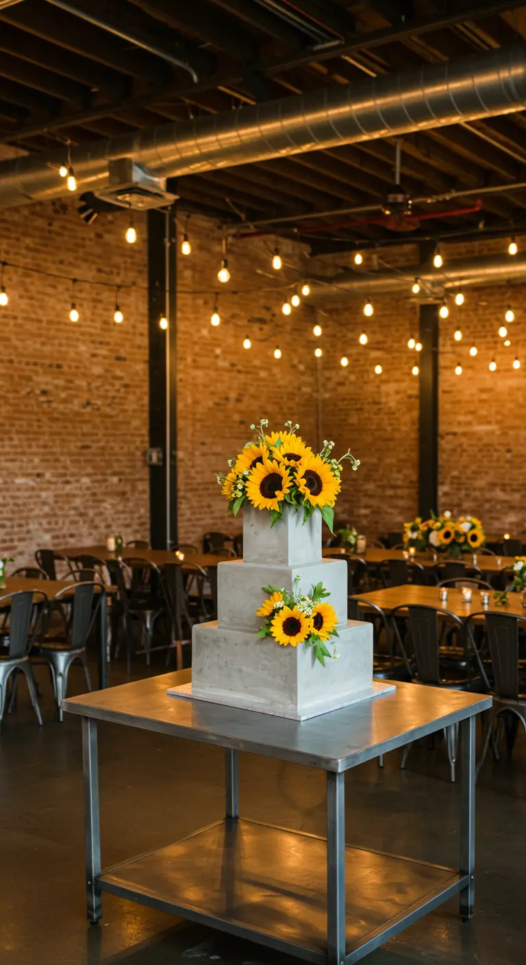 Pastel de bodas cuadrado con textura de cemento decorado con girasoles en un loft.