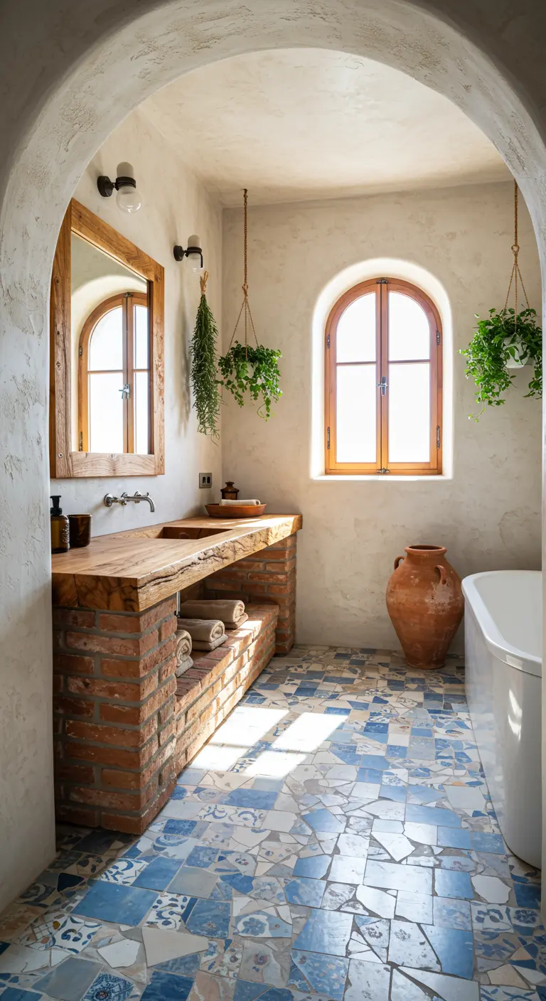 Baño de estilo mediterráneo con base de ladrillo, encimera de madera y suelo de trencadís.