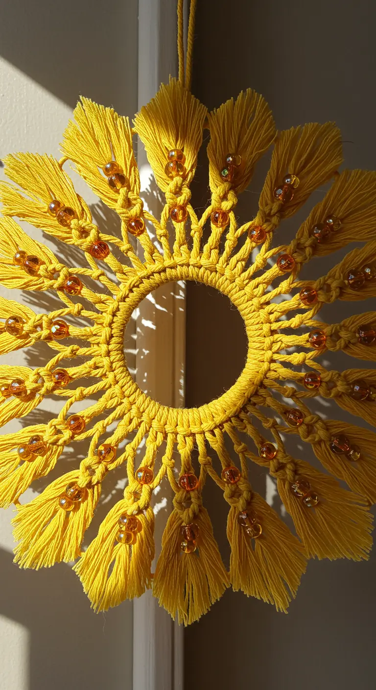 Tapiz de macramé amarillo en forma de sol con cuentas de cristal ámbar.