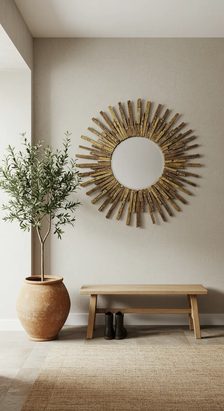 Entrada de estilo rústico con espejo de sol de madera, banco y un gran olivo en maceta.