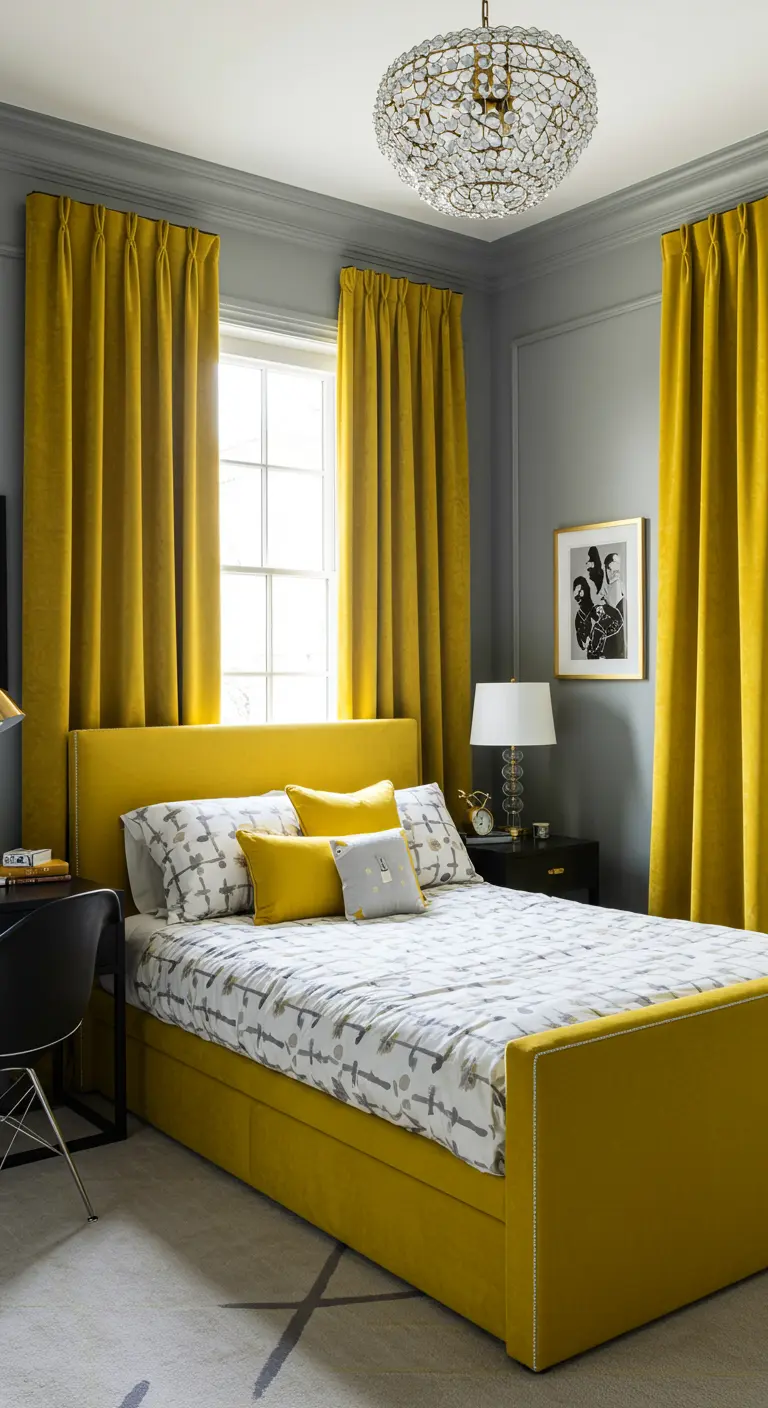 Dormitorio elegante con paredes grises y una cama y cortinas de terciopelo amarillo mostaza.