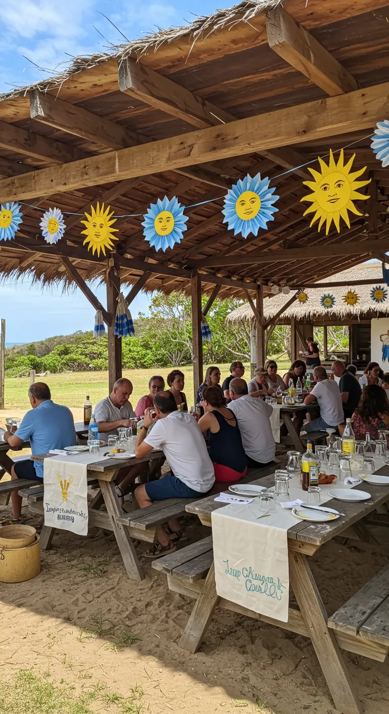 Comida al aire libre bajo un porche de madera decorado con guirnaldas de soles de papel sonrientes.
