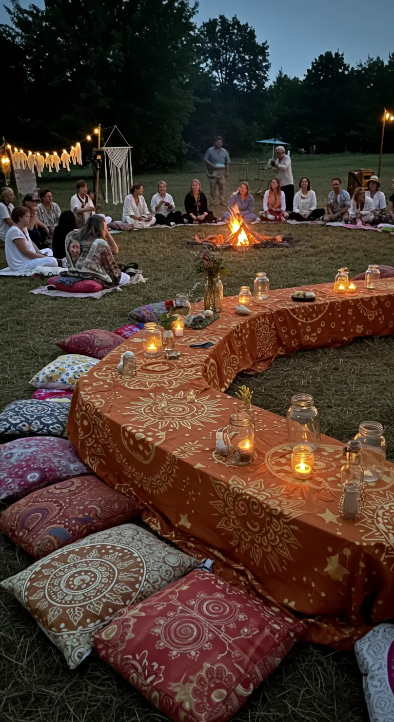 Mantel naranja terracota con soles dorados estilo mandala en una fiesta nocturna con hoguera.