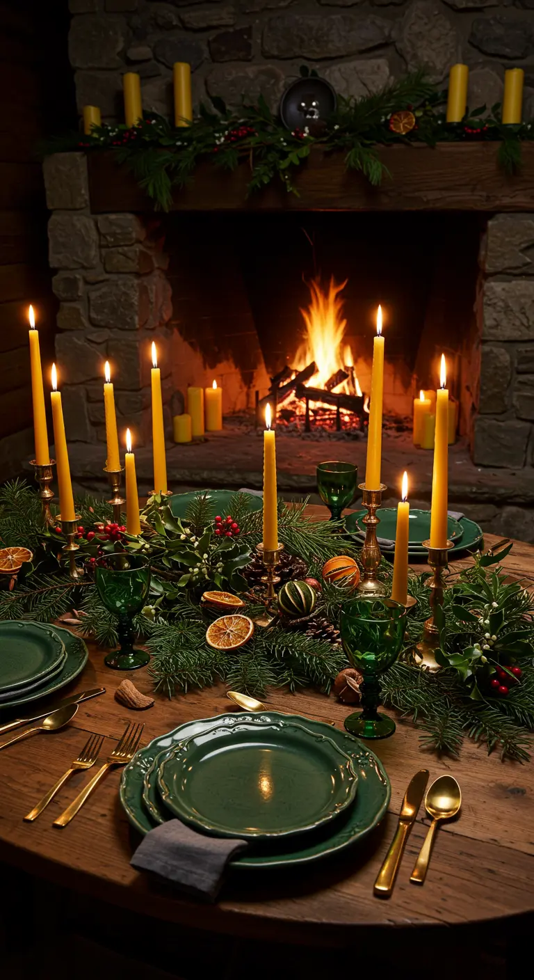 Mesa rústica frente a una chimenea, decorada con vegetación invernal y velas de cera de abeja.