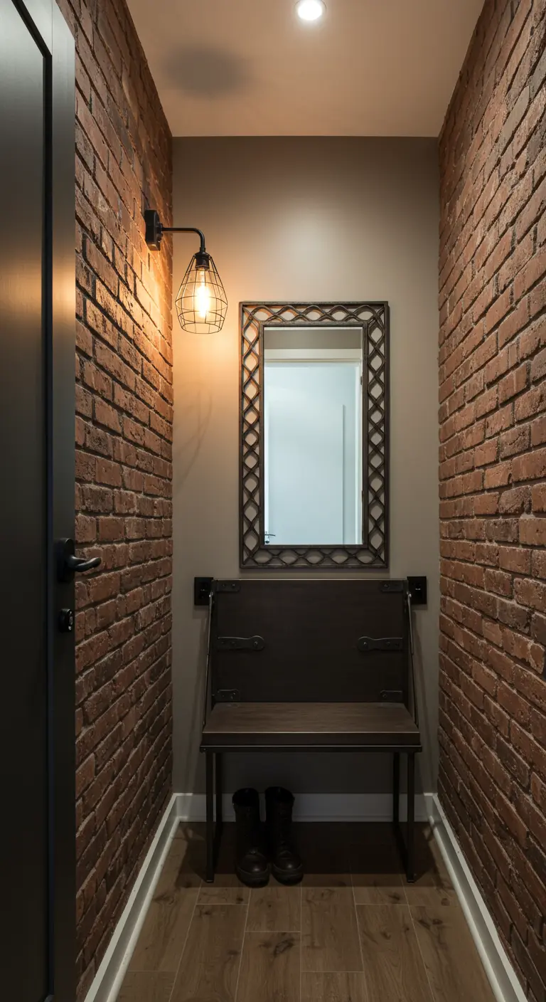Entrada estrecha con paredes de ladrillo y un banco de pared plegable de metal y madera.