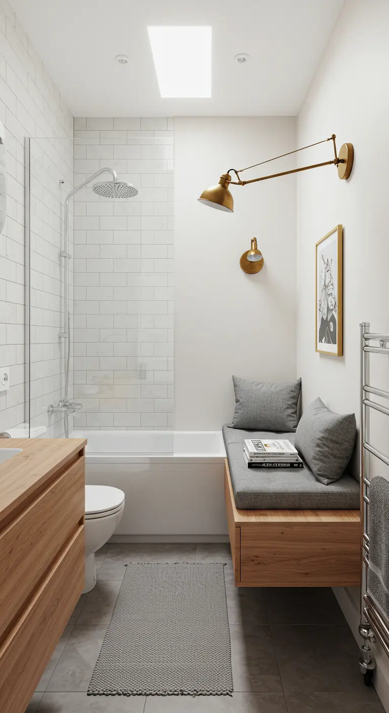 Baño moderno y compacto con banco flotante de madera, ducha y azulejos blancos.