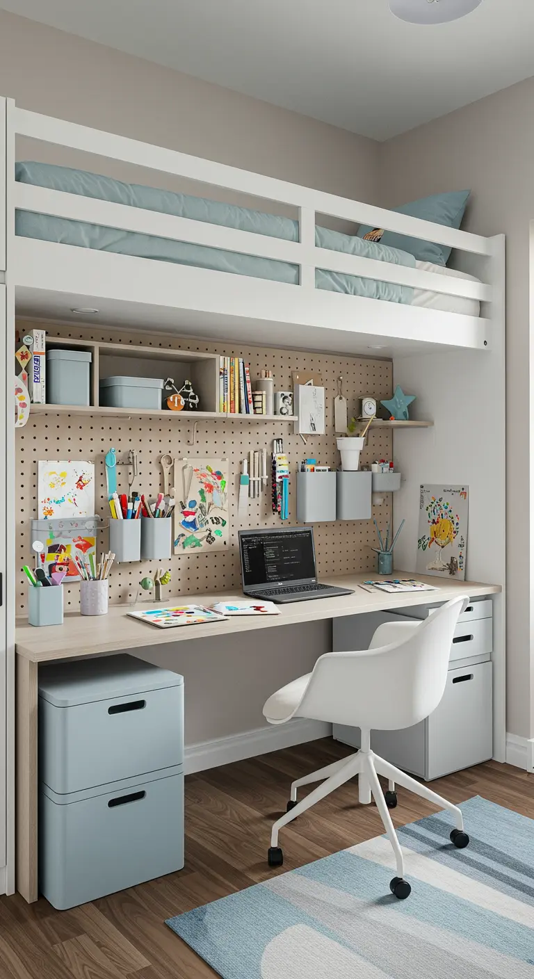 Dormitorio funcional con una cama alta blanca y una zona de estudio debajo con un panel perforado azul.