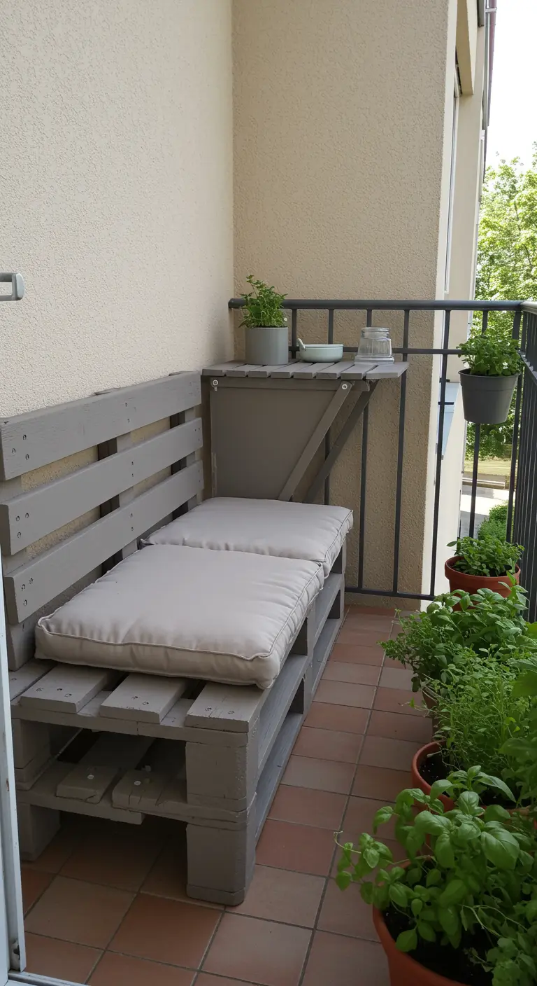 Banco de palets gris en un balcón estrecho con una mesa plegable de pared y plantas.