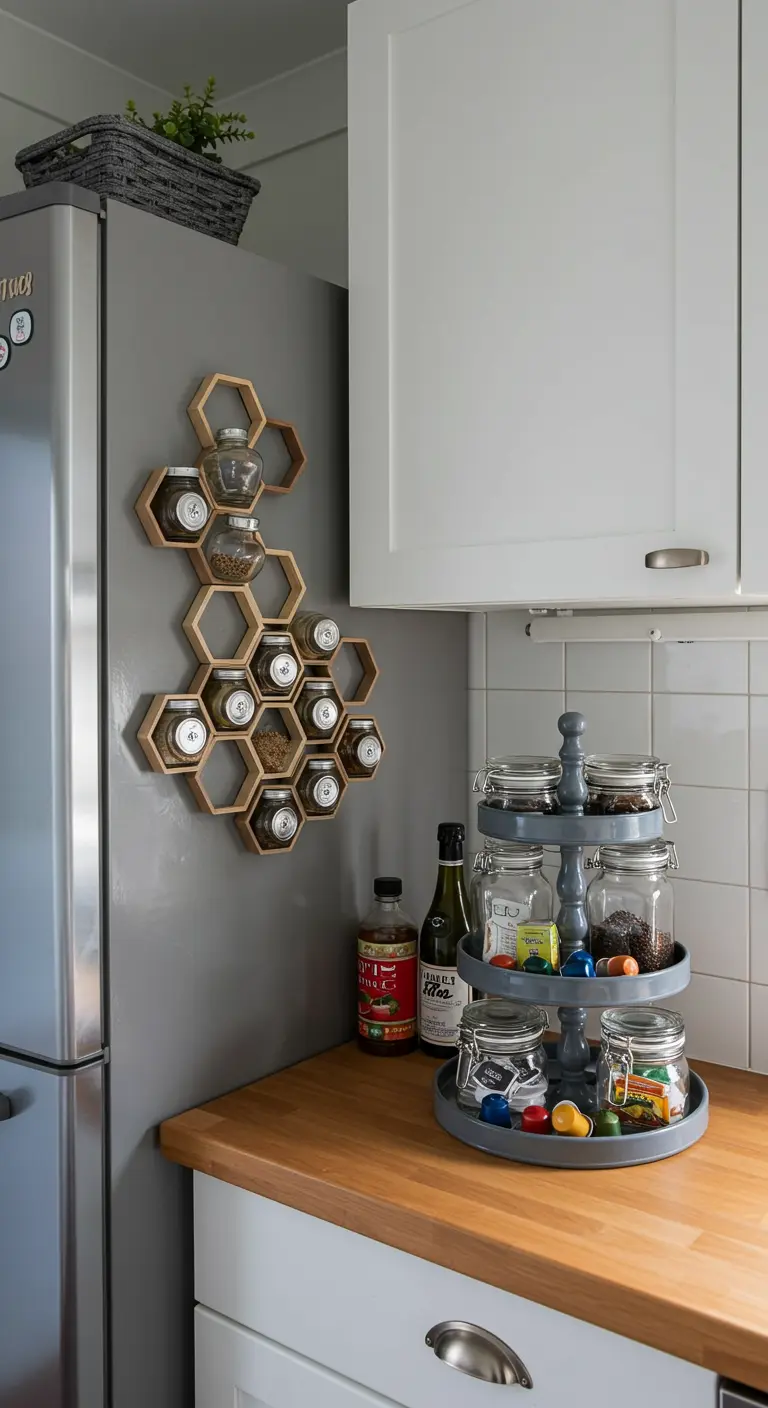 Especiero hexagonal en la pared y una bandeja giratoria con frascos en una encimera de cocina.