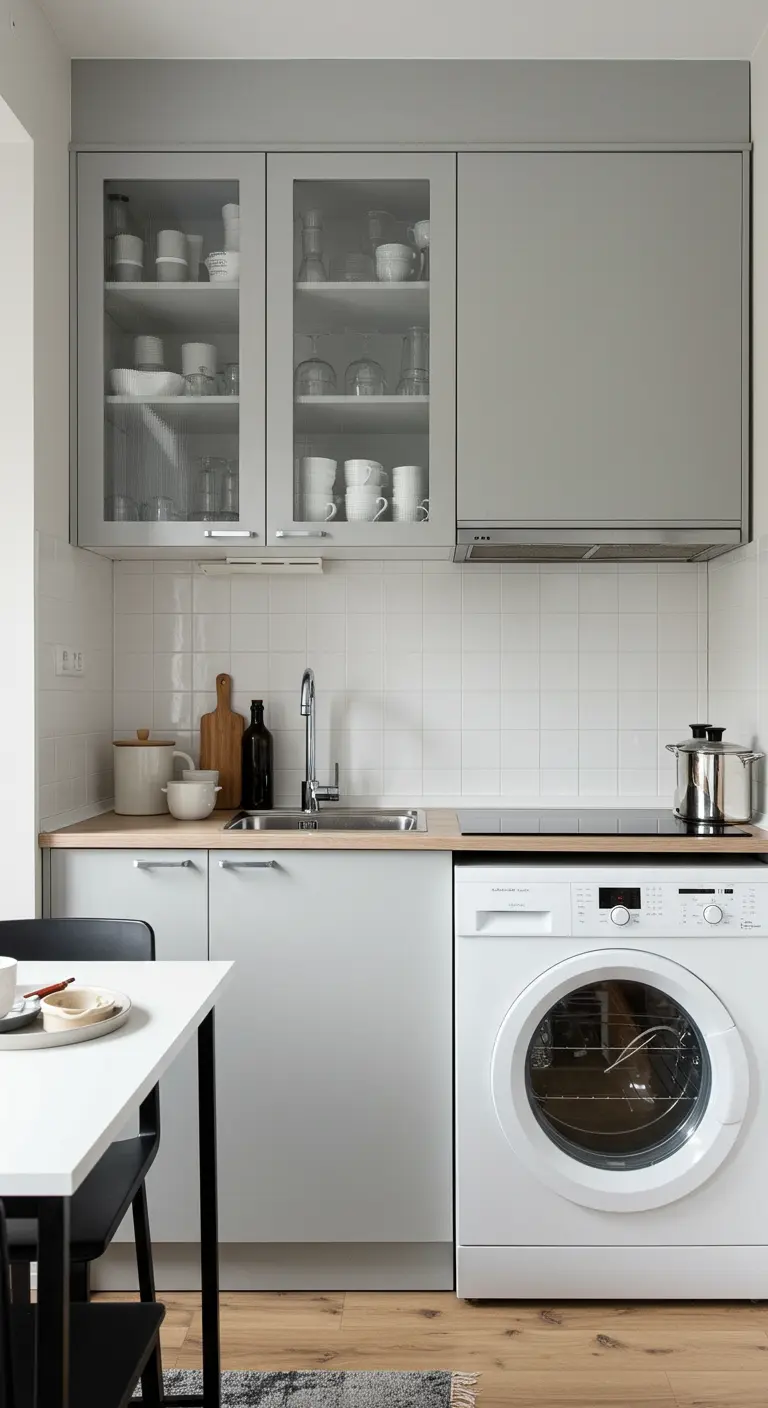 Cocina pequeña y funcional con gabinetes superiores grises, dos de ellos con puertas de cristal estriado.