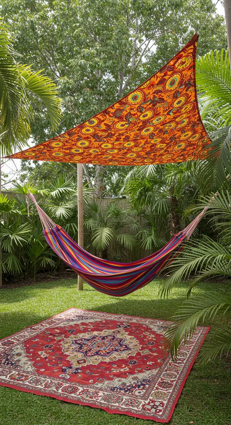 Jardín con una hamaca de colores bajo un toldo vela estampado y una alfombra persa en el césped.