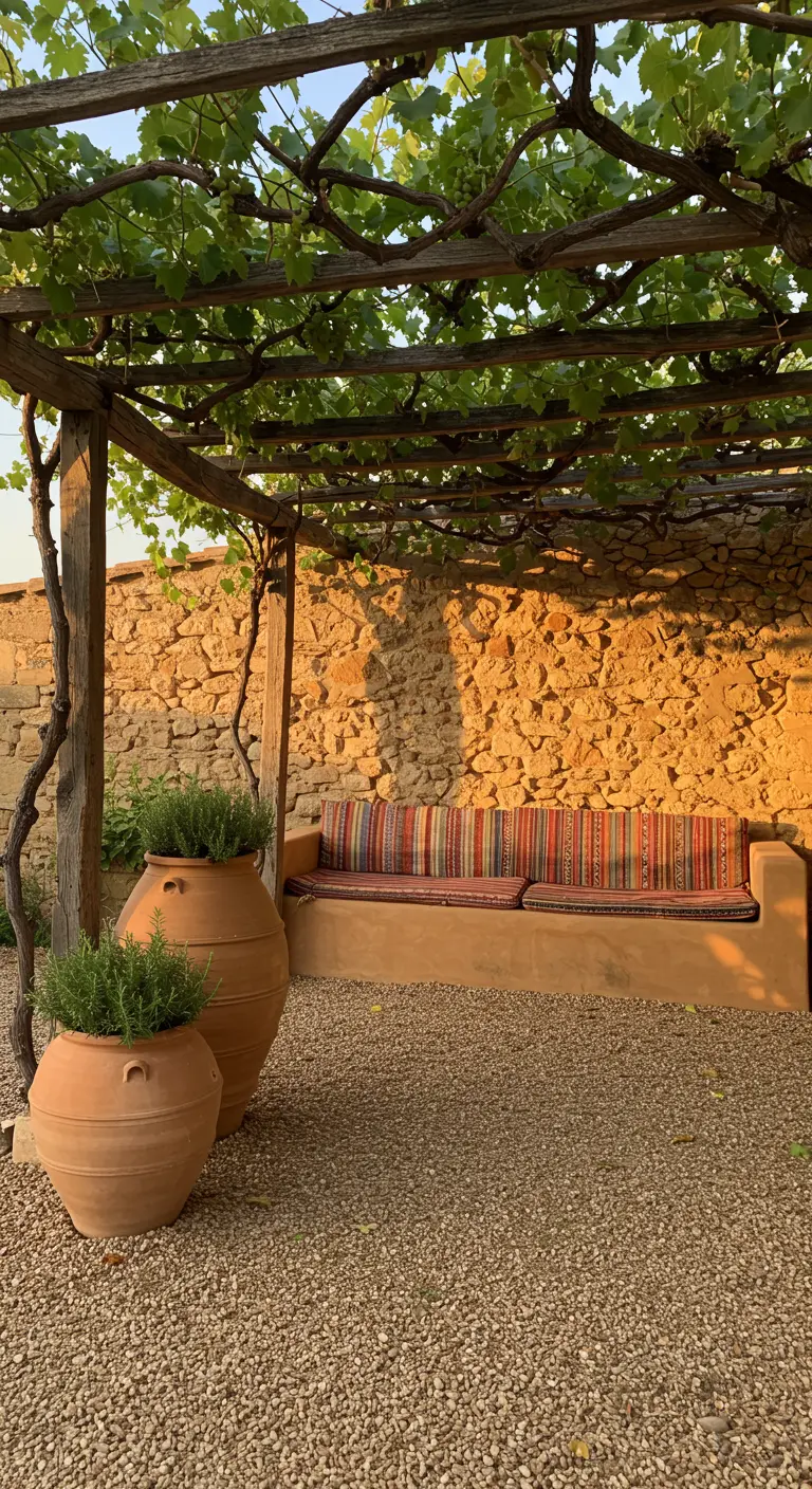 Rincón rústico bajo una pérgola de vid, con un banco de obra y macetas de romero al atardecer.