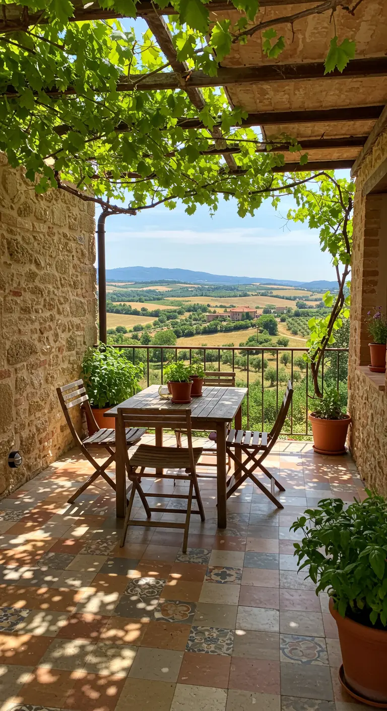 Terraza rústica con pérgola cubierta de parras, suelo de baldosas de terracota y vistas a un campo verde.