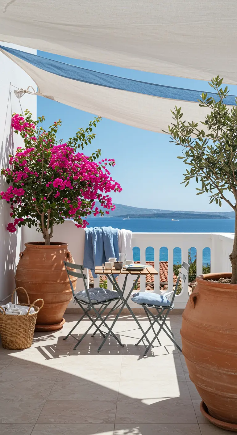 Toldo de tela blanca sobre un balcón soleado con vistas al mar y flores fucsias.