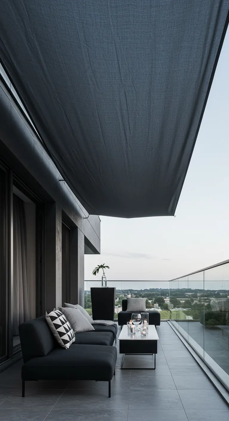 Balcón moderno y minimalista con un toldo de tela gris oscuro y muebles negros.