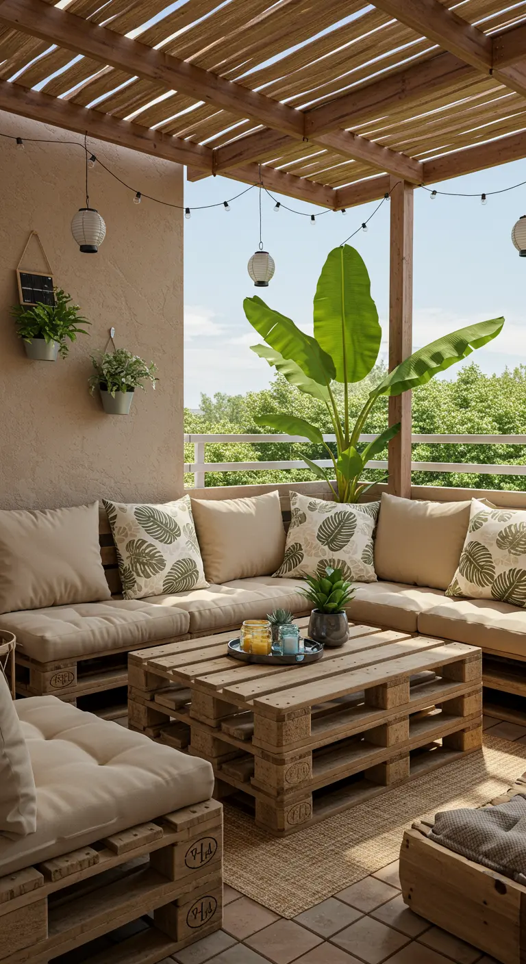 Amplia terraza con un gran sofá de palets bajo una pérgola de madera y rodeado de vegetación.