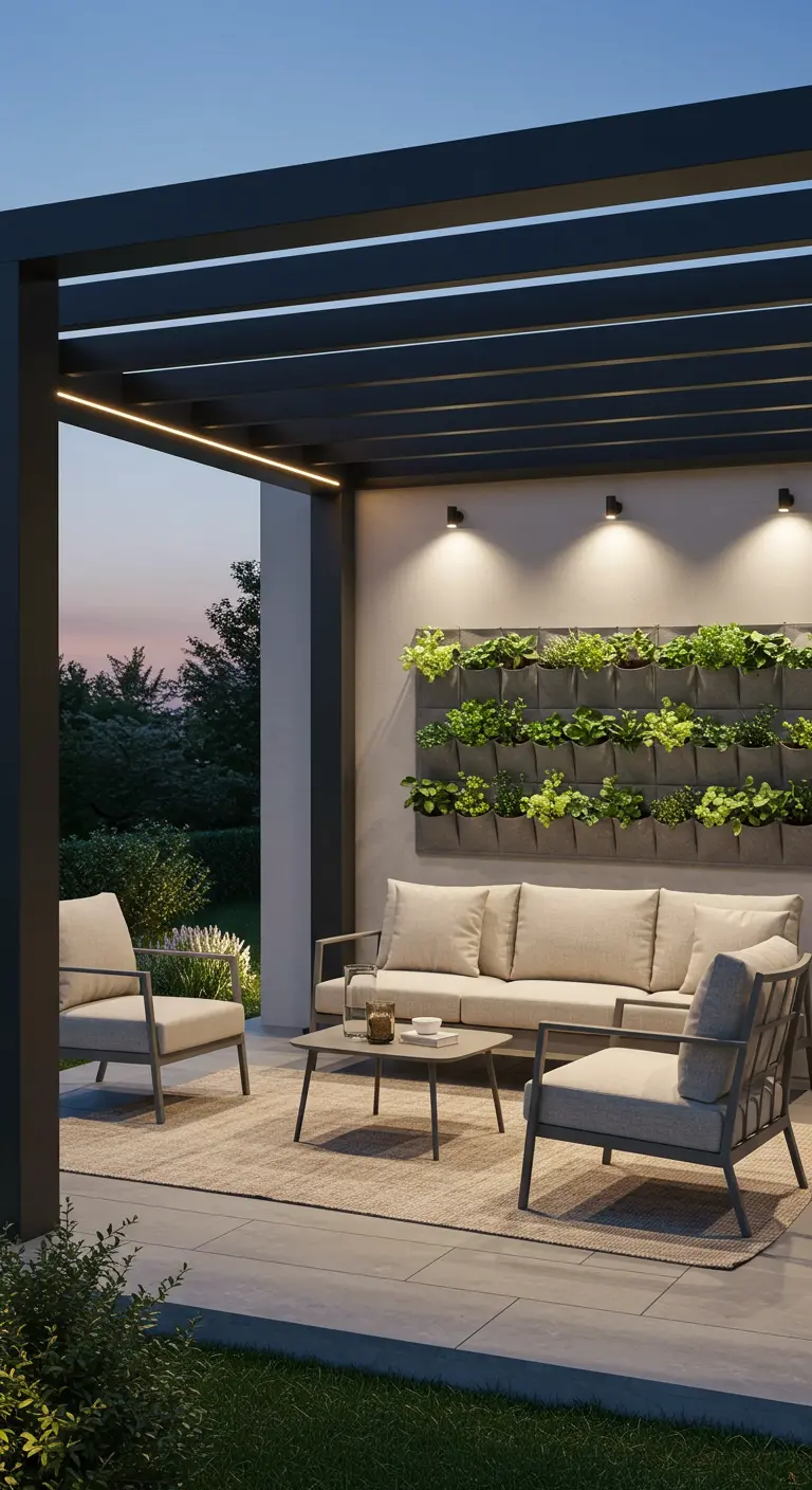 Terraza moderna con pérgola, sofá beige y un jardín vertical de hierbas aromáticas.