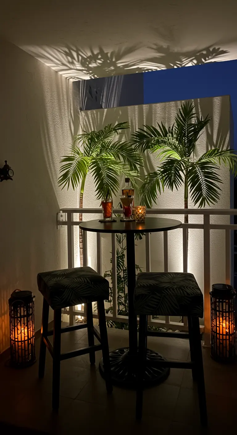 Balcón de noche con palmeras iluminadas desde abajo, proyectando sombras en la pared