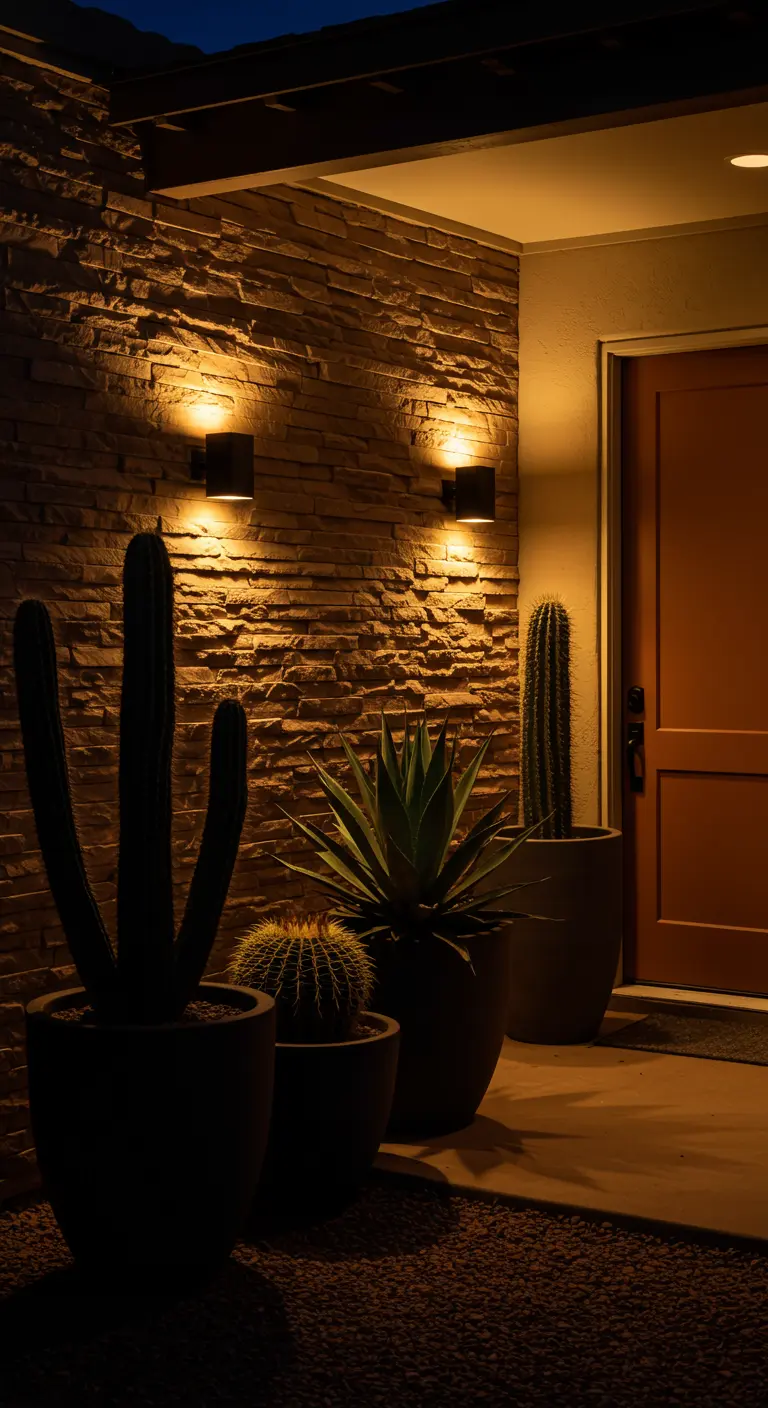 Porche de noche con apliques de luz cálida que iluminan una pared de piedra y siluetean los cactus