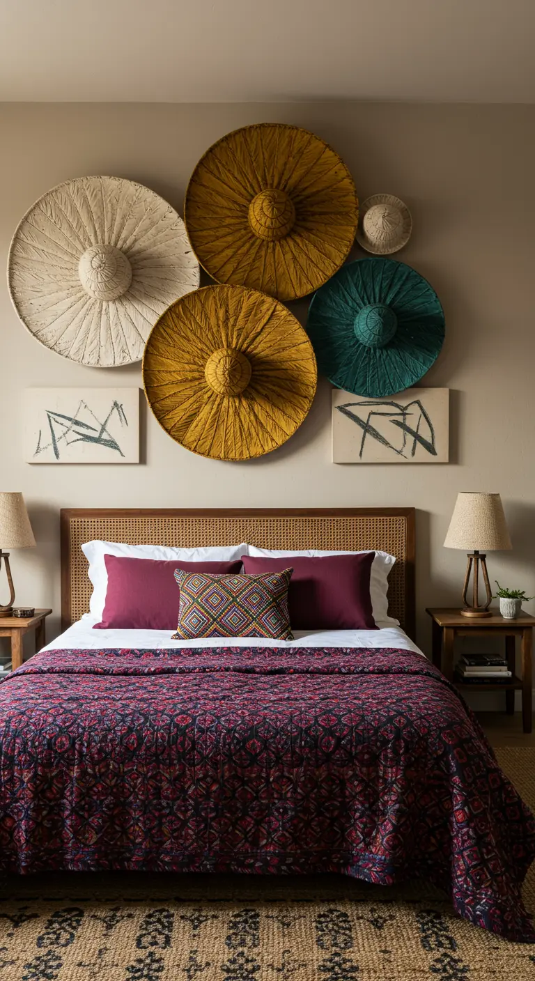 Composición de sombreros de paja de colores colgados en la pared sobre una cama.