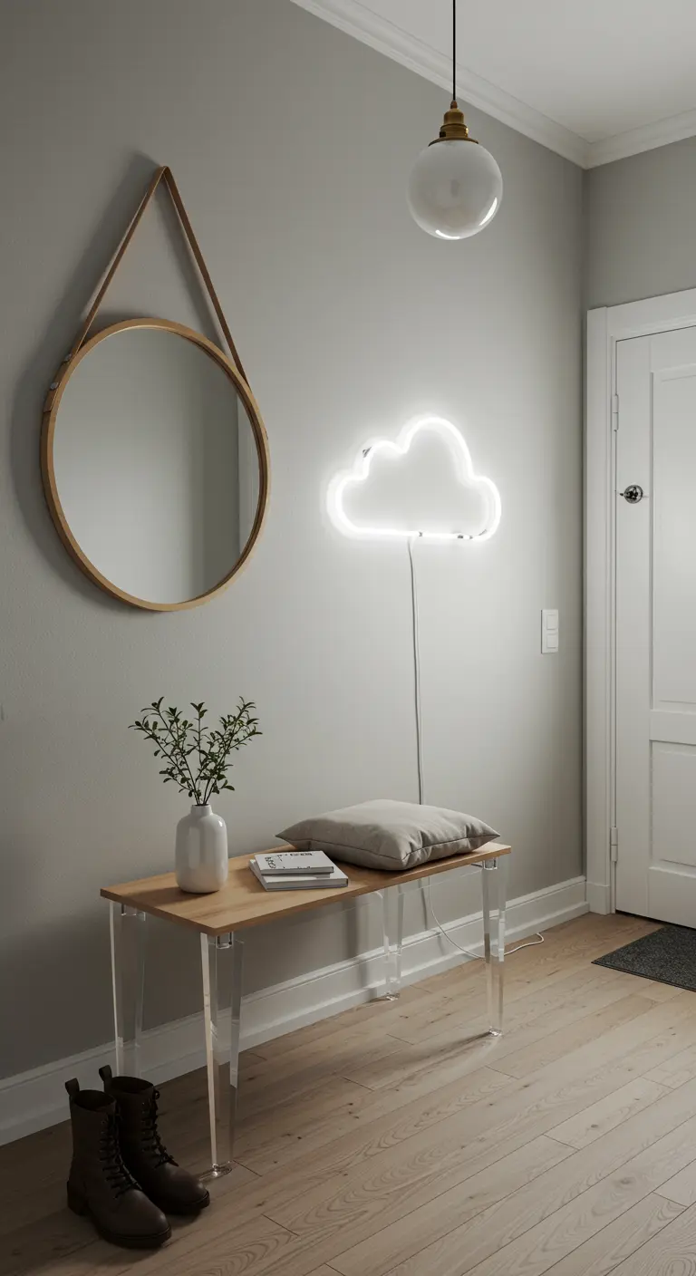Recibidor de estilo nórdico con espejo redondo, banco de madera y acrílico, y un neón de nube.