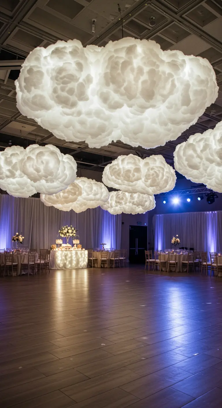 Grandes nubes de algodón iluminadas desde dentro cuelgan del techo de un salón de fiestas.