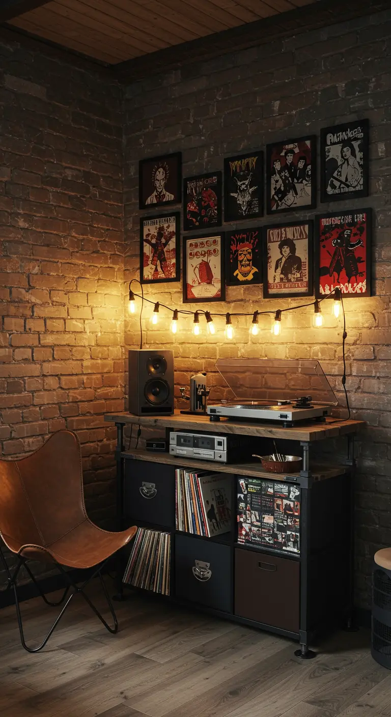 Equipo de música sobre un mueble industrial frente a una pared de ladrillo, iluminado por luces cálidas.